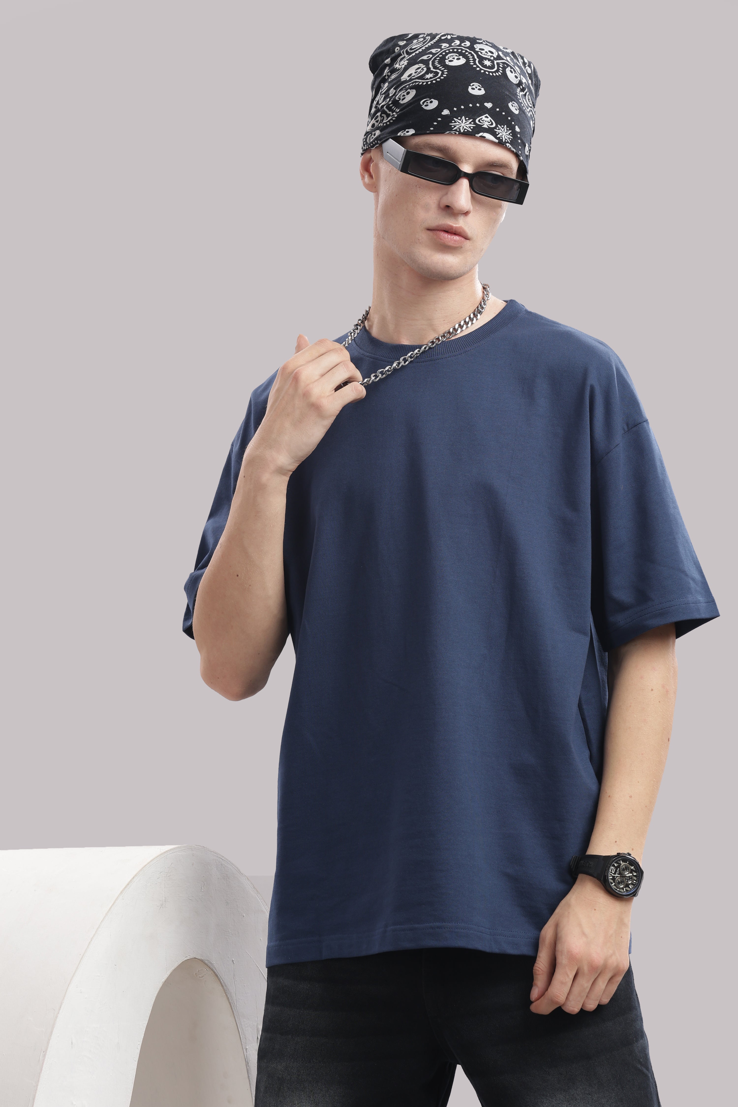 Men Blue Cotton Oversized T-Shirt