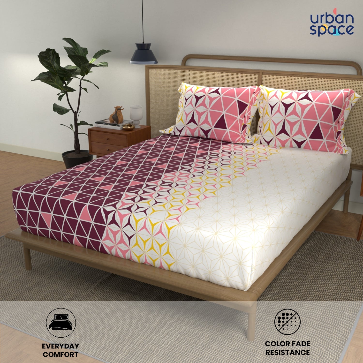 Divine Collection - Cotton Bedsheet With 2 Pillow Covers, Geometric Maroon