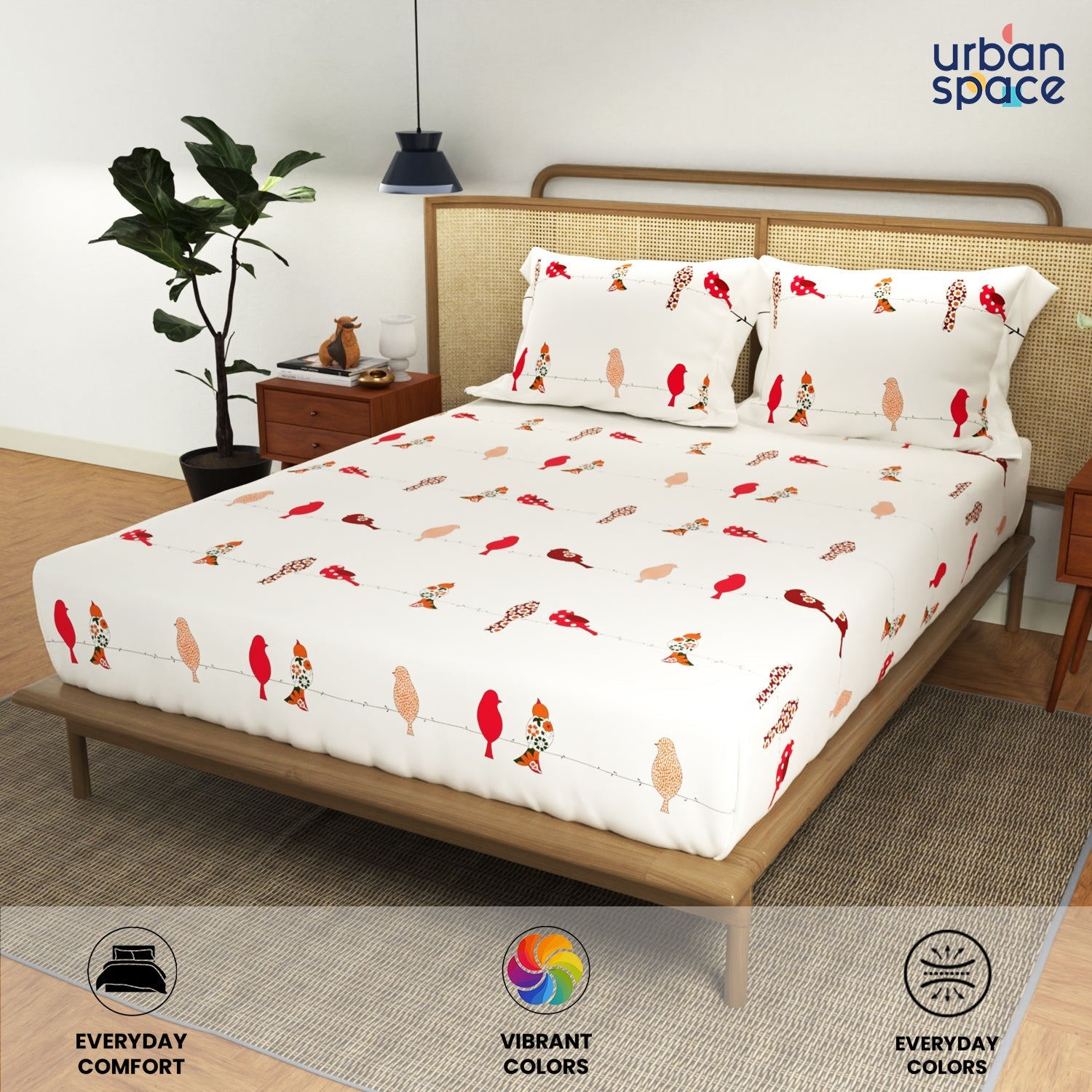 Divine Collection - Cotton Bedsheet With 2 Pillow Covers, Humming Bird Red