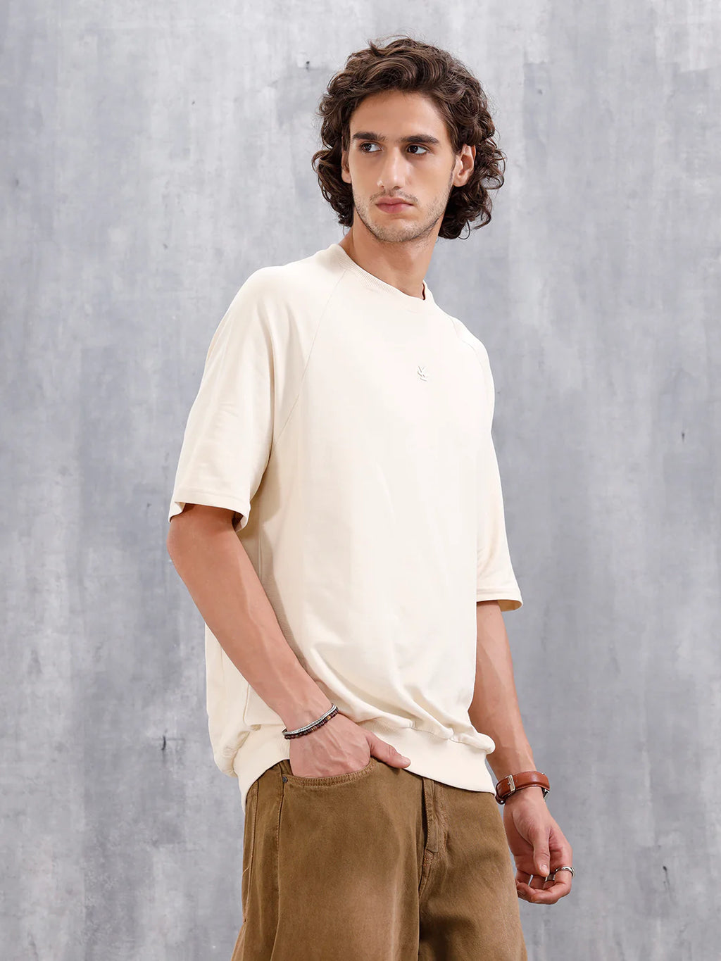 Solid Oversized Crew Neck T-shirt | Beige