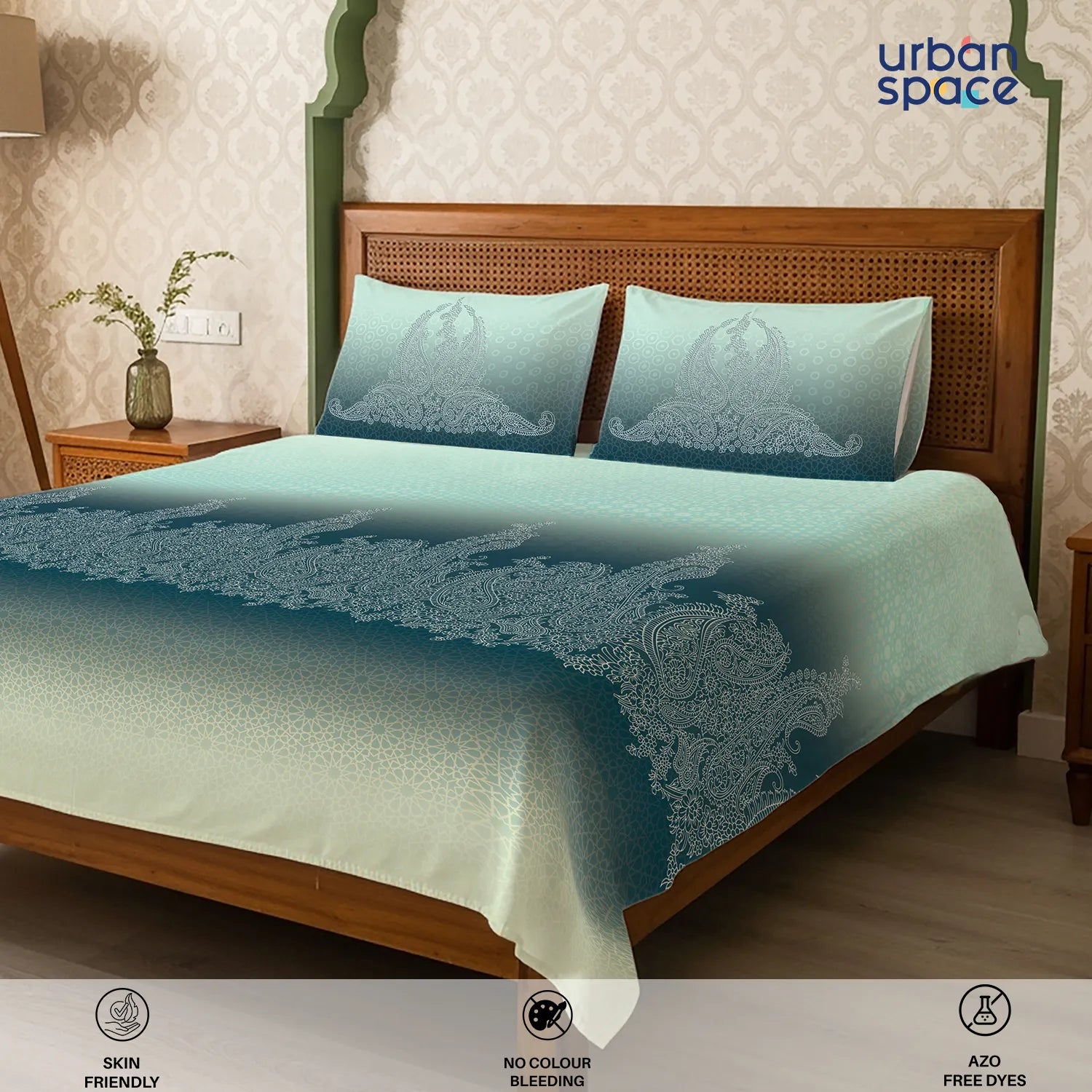 Serene 300 TC 100% Cotton Bedsheet with Pillow Covers, Panel Design - Ruhani Turquoise