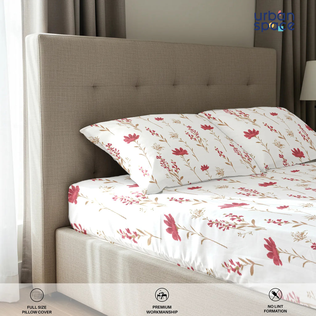 Serene 200 TC 100% Cotton Bedsheet with Pillow Covers - Orchid Blooms - Pink