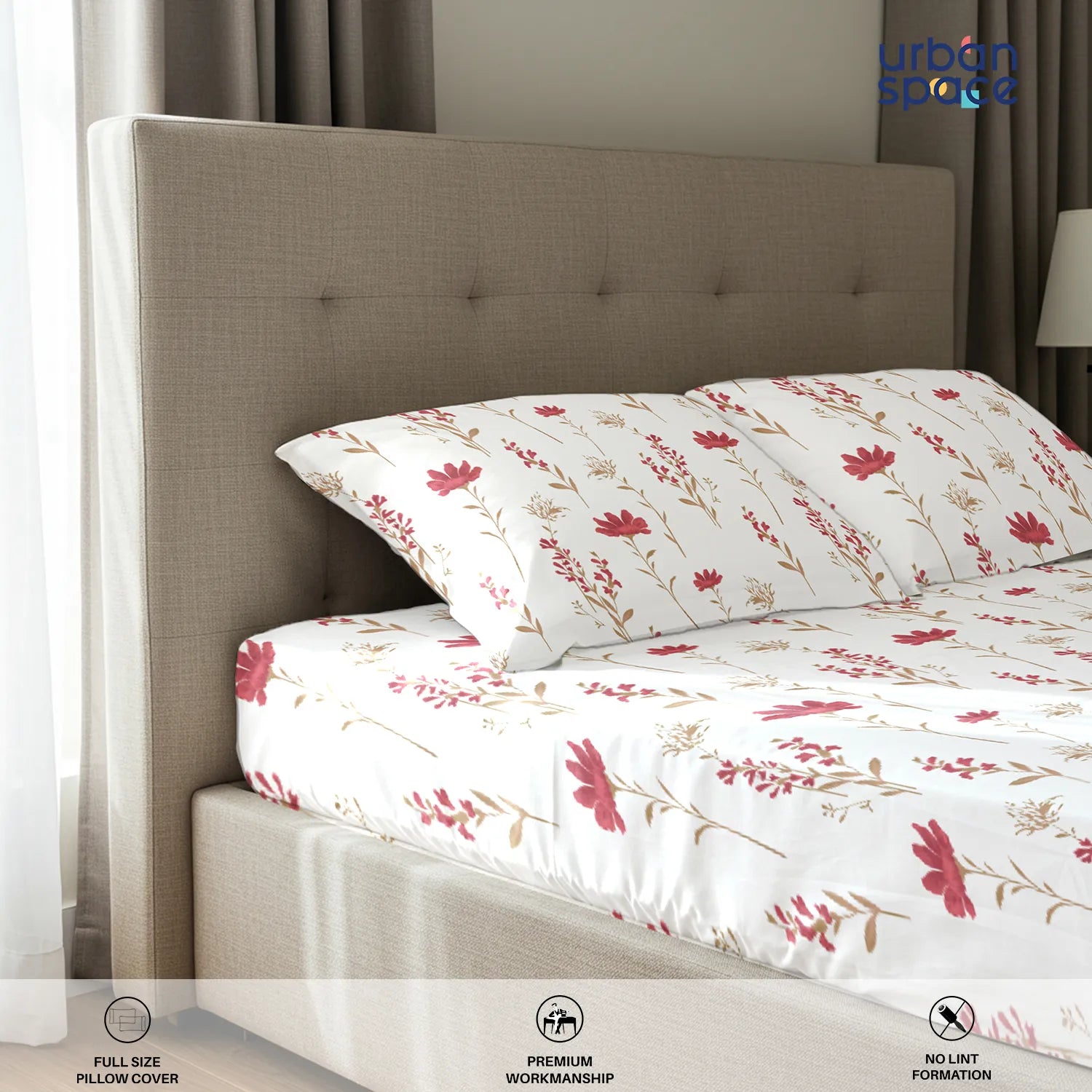 Serene 200 TC 100% Cotton Bedsheet with Pillow Covers - Orchid Blooms - Pink