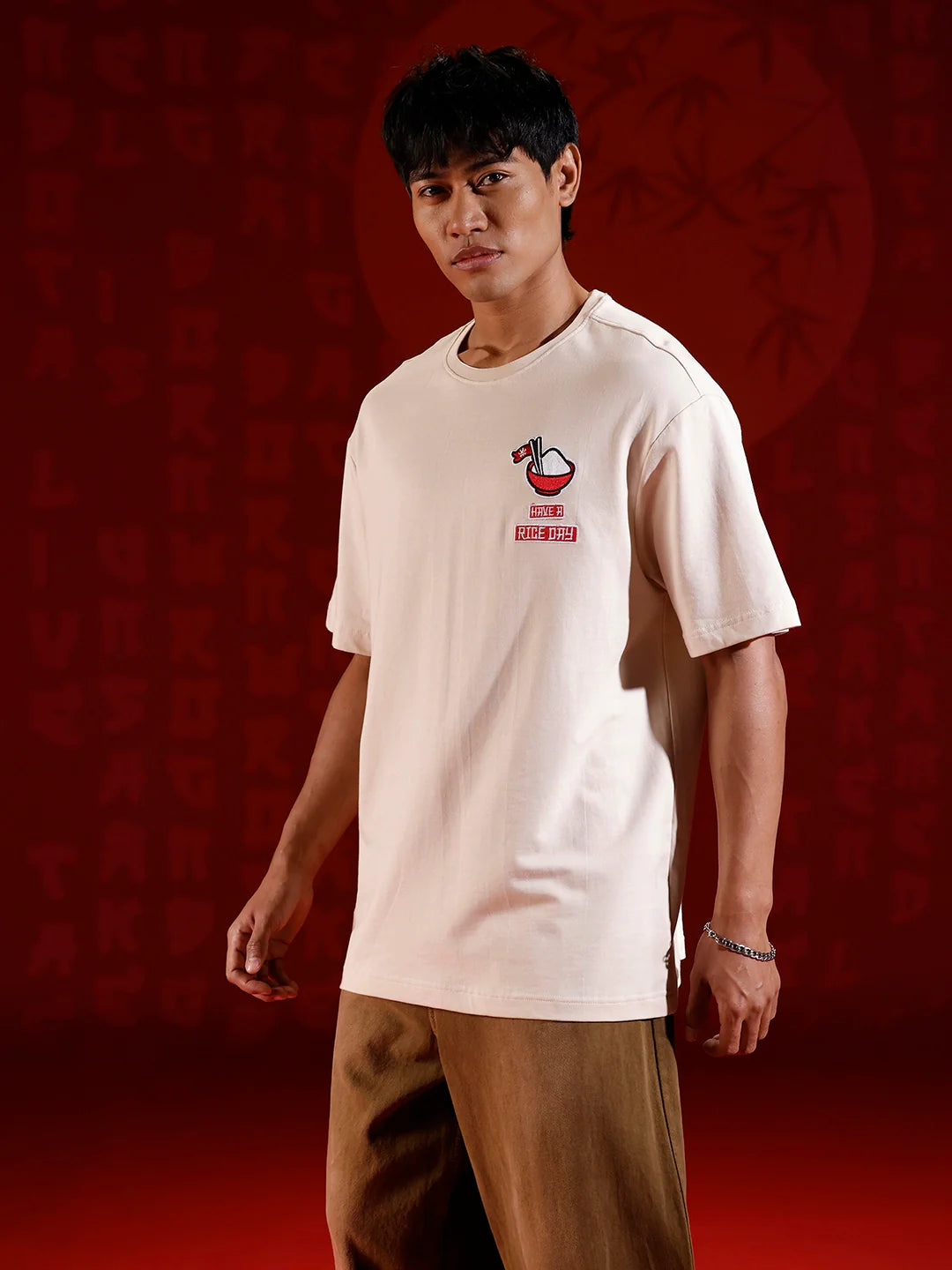 Playful ramen print oversized tshirt | Beige