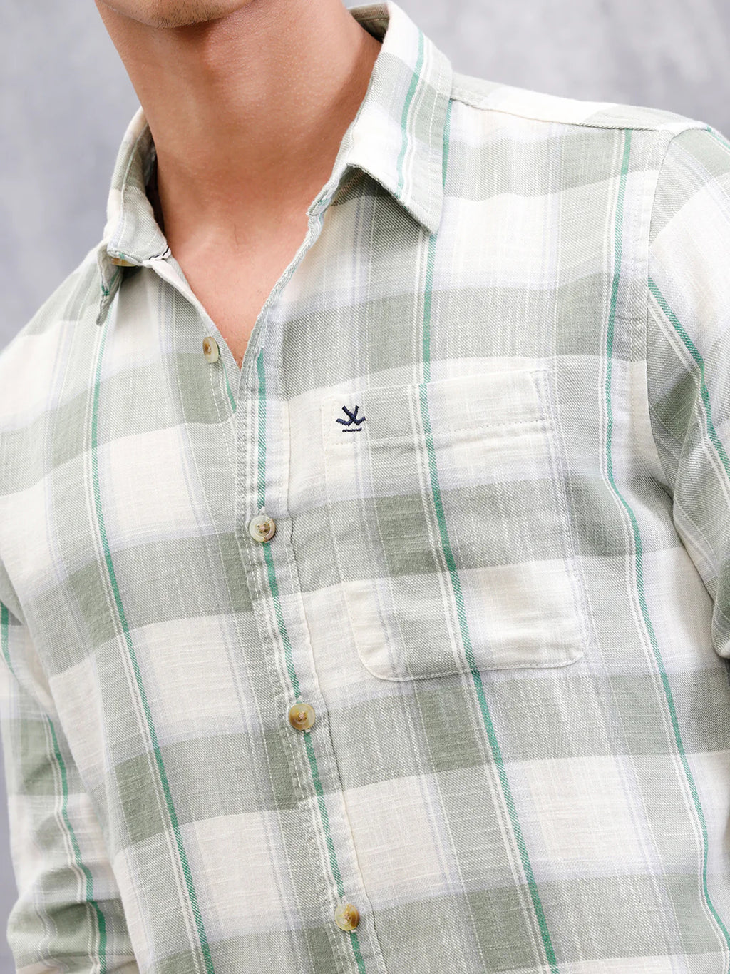 Cotton Twill Slub Checks In Slim Fit | Green