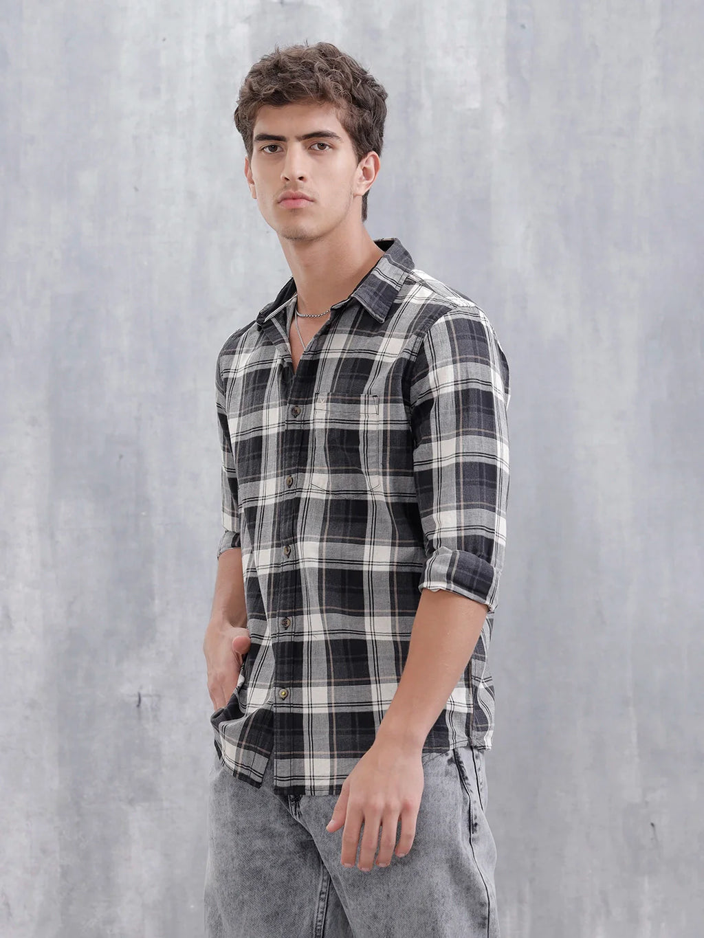 Mocklino Open Dobby Slim Fit Check Shirt | Grey
