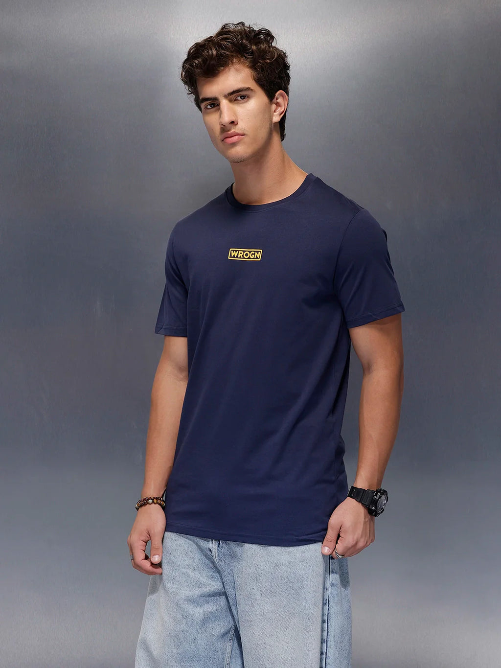 Solid Placement Printed T-Shirt   |  Navy Blue
