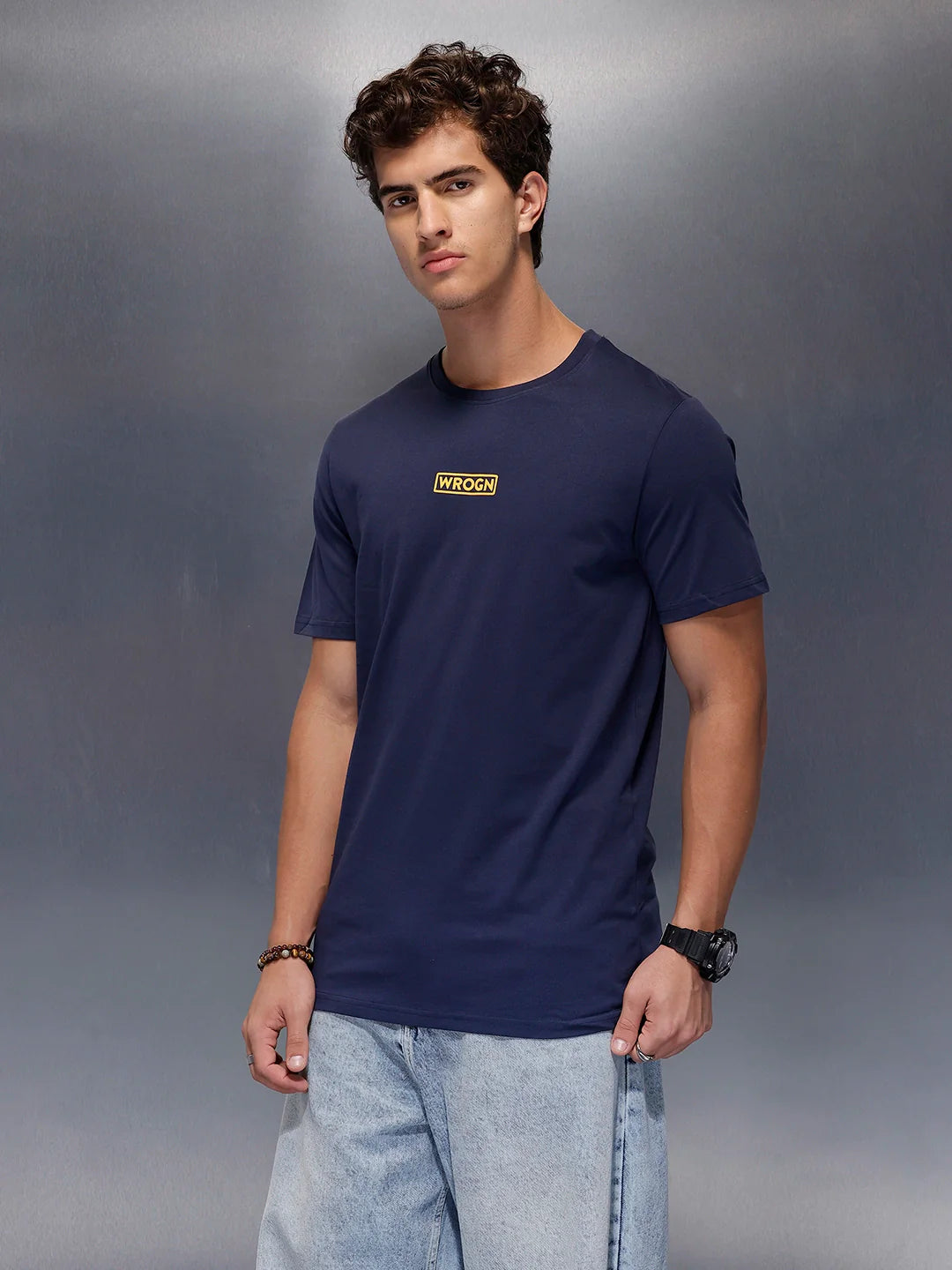 Solid Placement Printed T-Shirt   |  Navy Blue