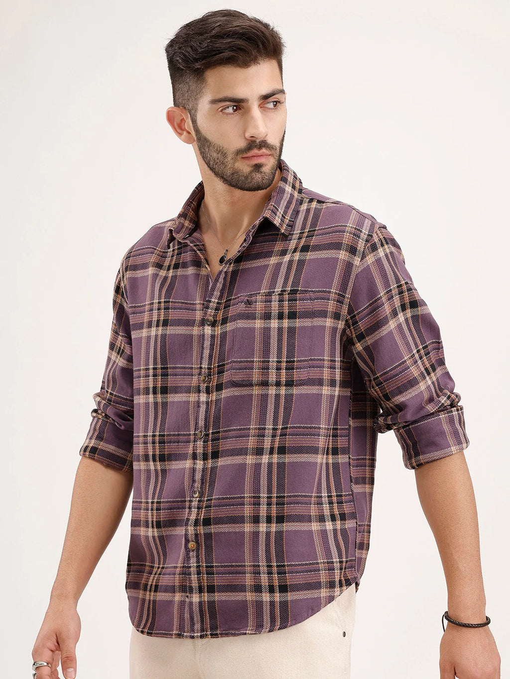 Comfort Fit Herringbone Checkered Shirt | Purple