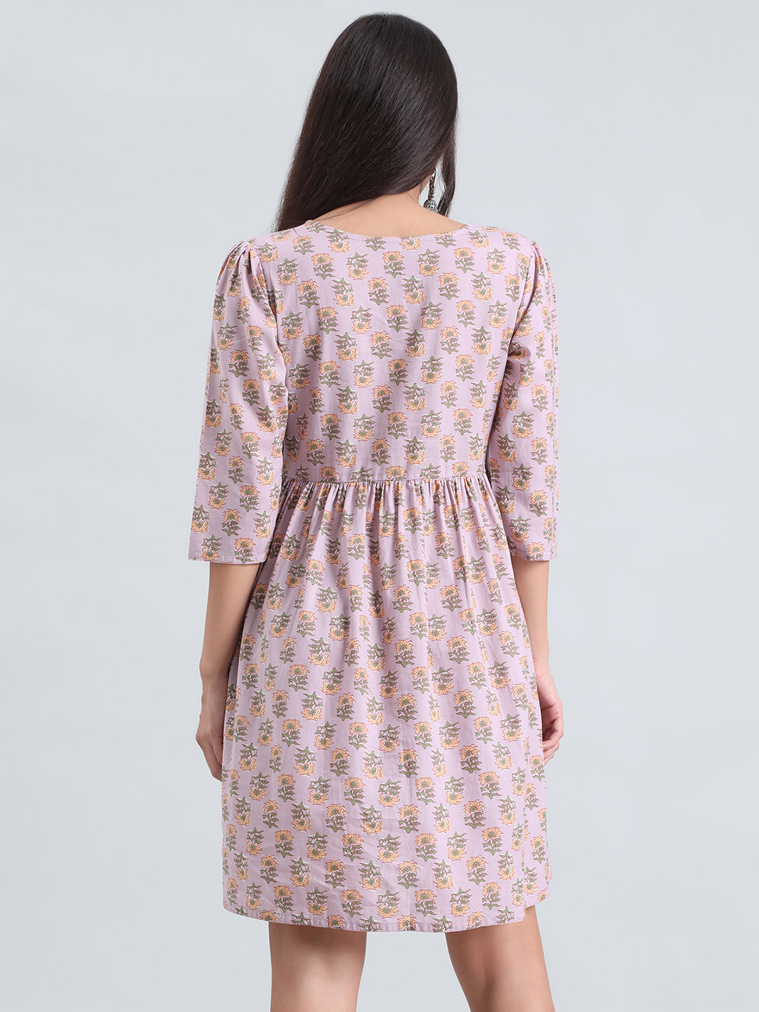 Cotton Sunflower Block Print Short Dress