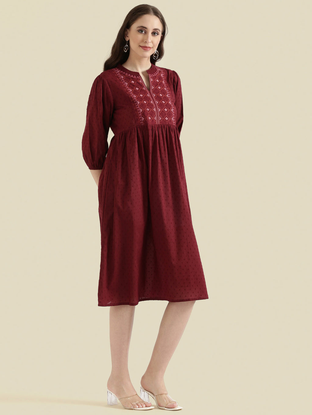 Cotton Dobby Geometric Embroidered Yoke Gathered Midi Dress