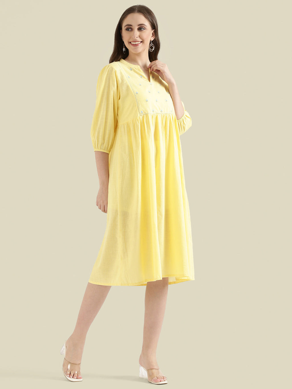 Cotton Slub Butti Embroidered Yoke Gathered Midi Dress