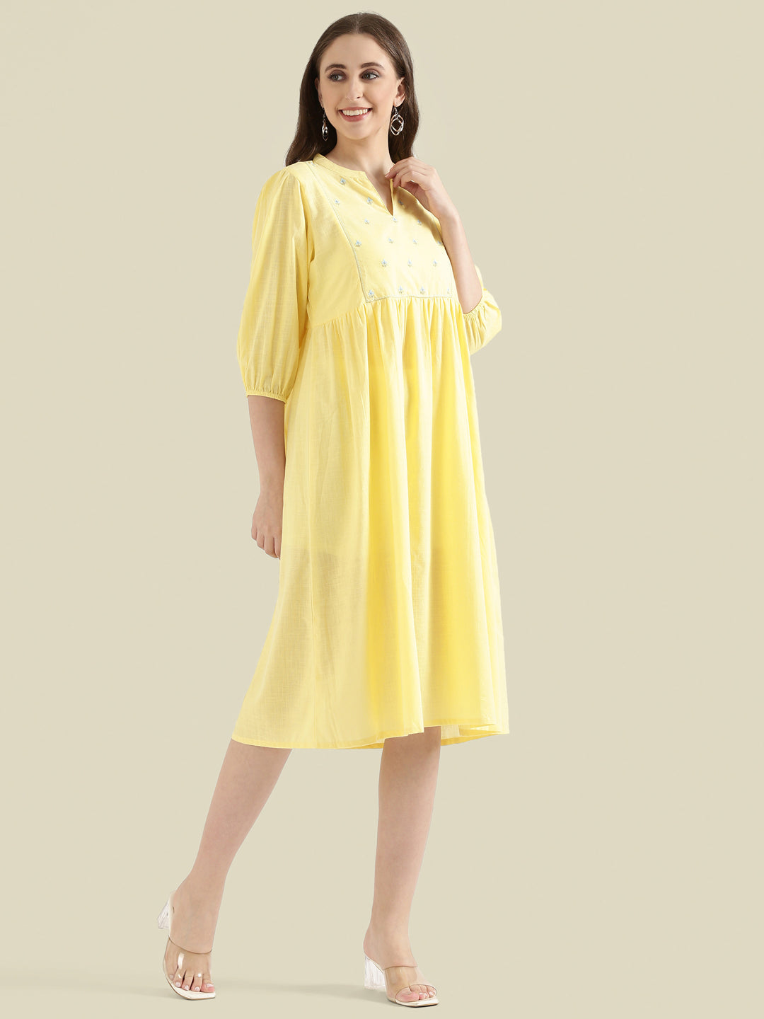 Cotton Slub Butti Embroidered Yoke Gathered Midi Dress