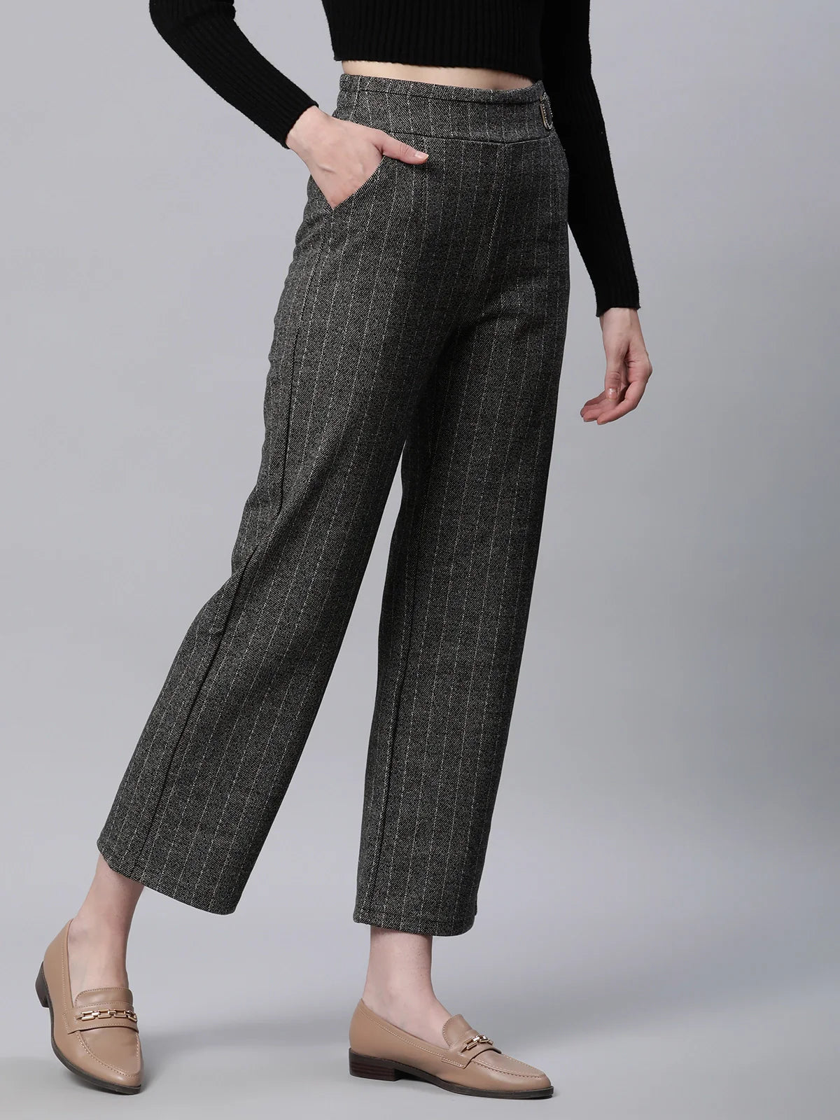Grey Striped High Waist Straight Trousers