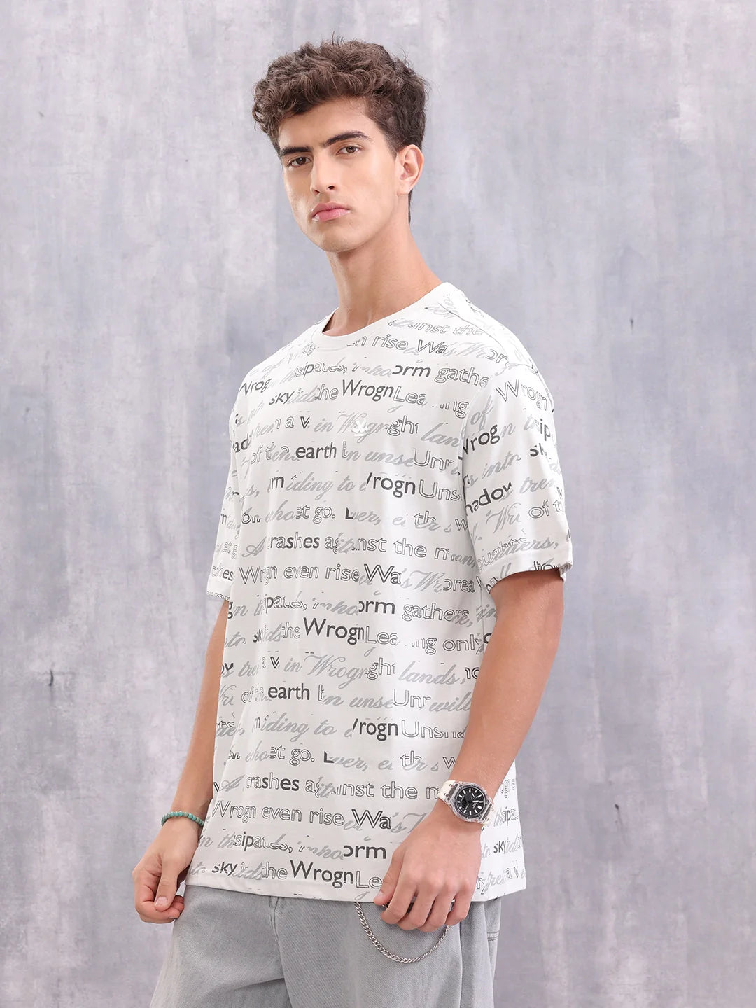 Typo Inspired Aop Oversized Fit T-shirt | Light Grey
