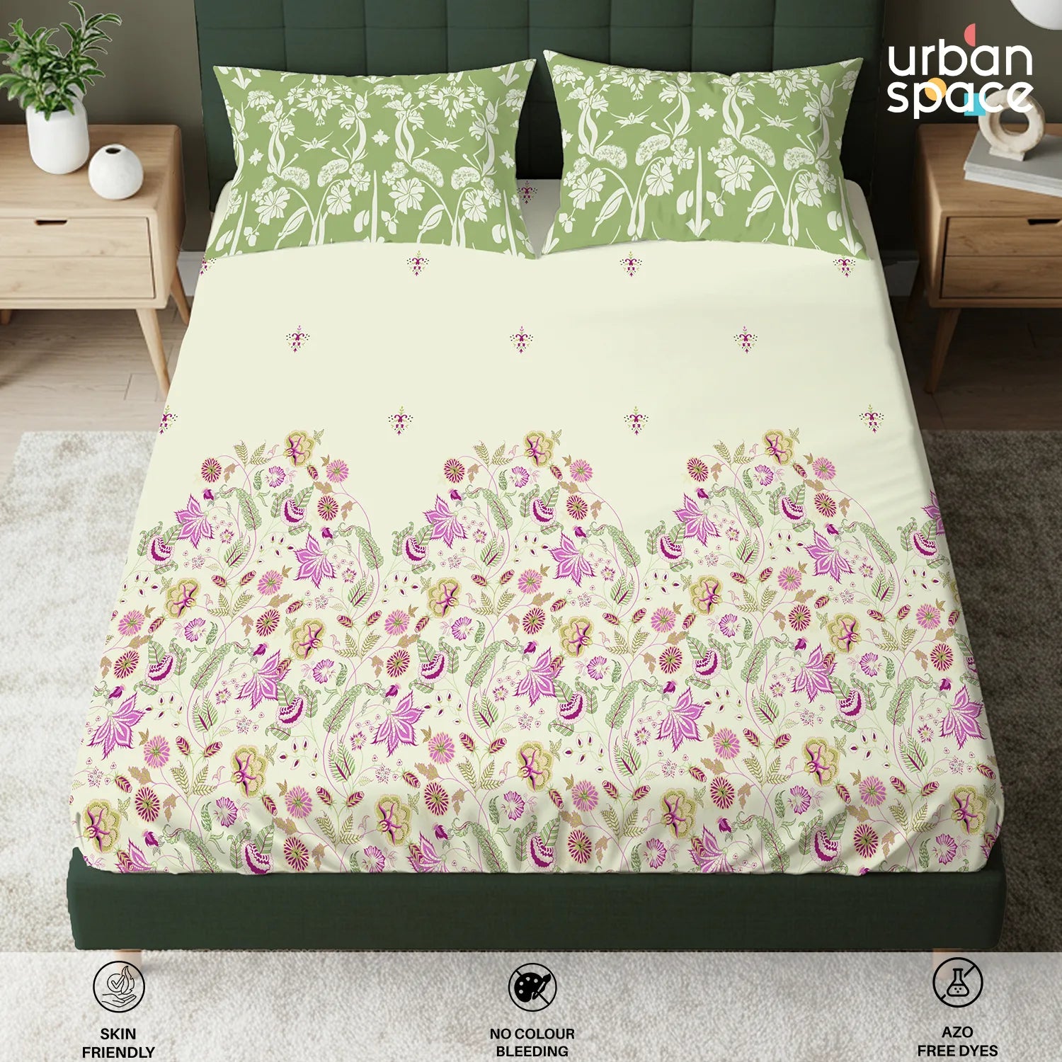 Serene 200 TC 100% Cotton Bedsheet with Pillow Covers - Vine Gardens Sage Green