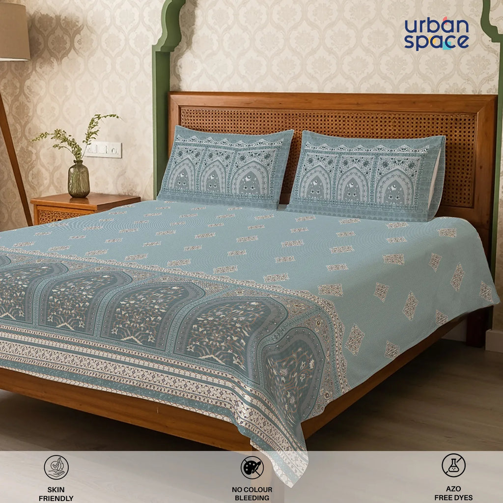 Serene 300 TC 100% Cotton Bedsheet with Pillow Covers, Panel Design - Jharokha Dusty Blue