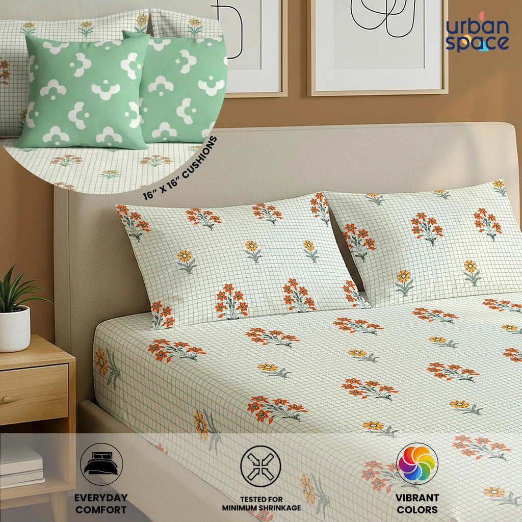 5 PC Cotton Double Bedsheet Set with 2 Pillow + 2 Cushion Covers - Magnolia Sage Green