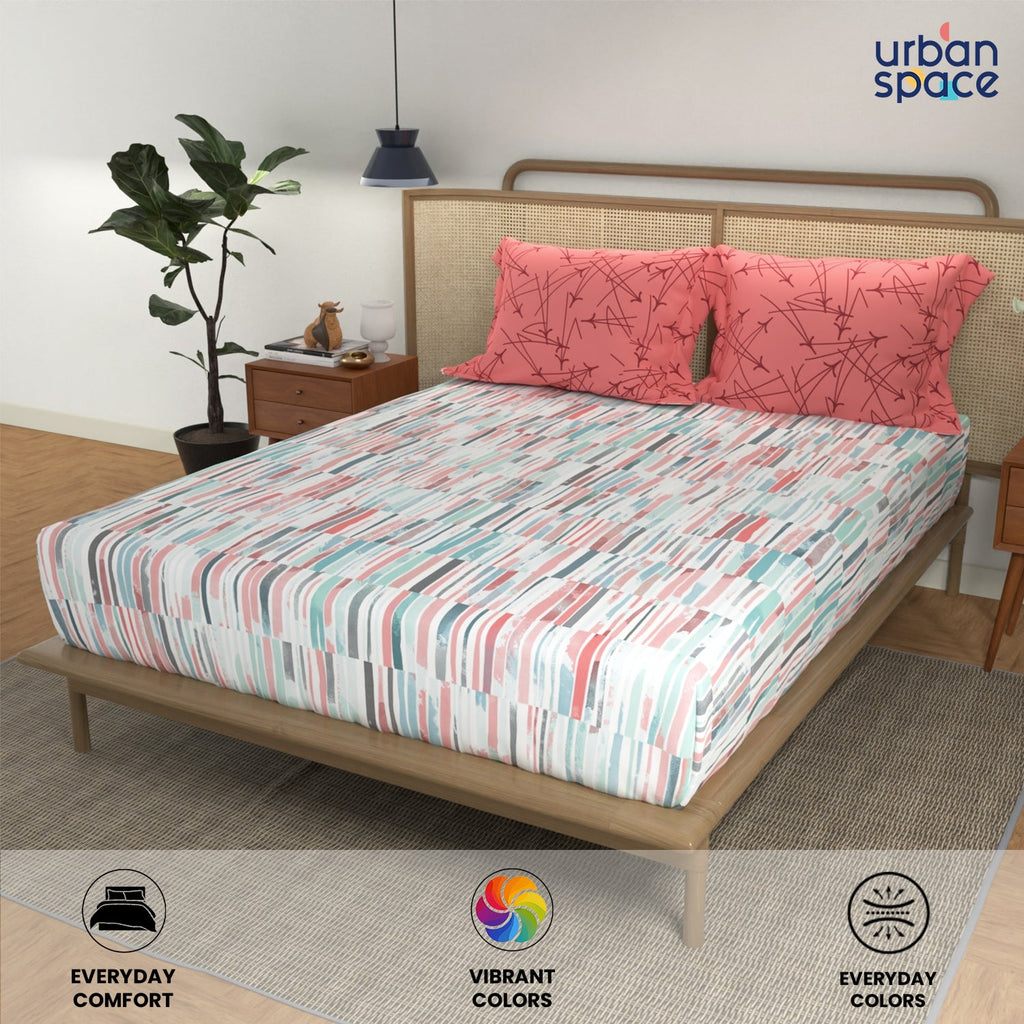 Divine Collection - Cotton Bedsheet With 2 Pillow Covers, Stripes Pink