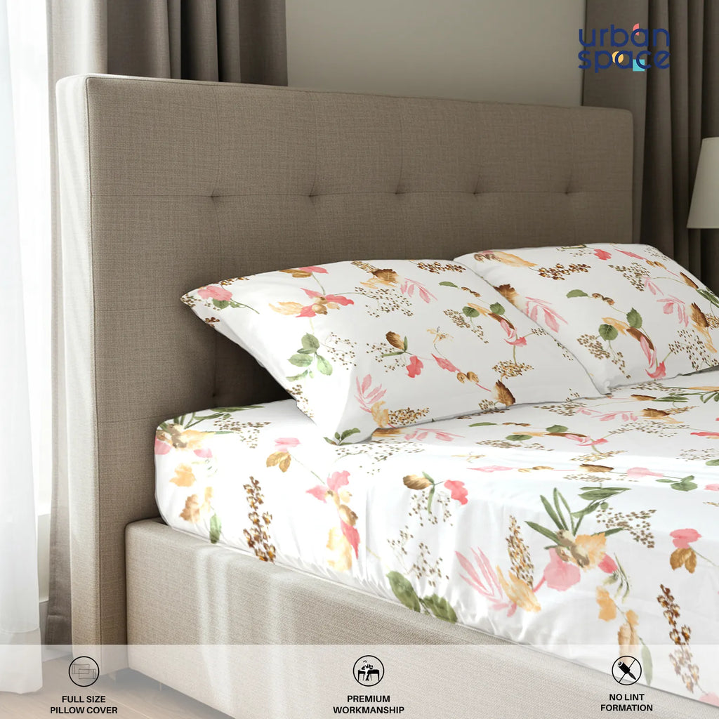 Regal Collection - Breathable 200 TC 100% Pure Cotton Bedsheet with Pillow Cover, Cherry Blossom- Peach