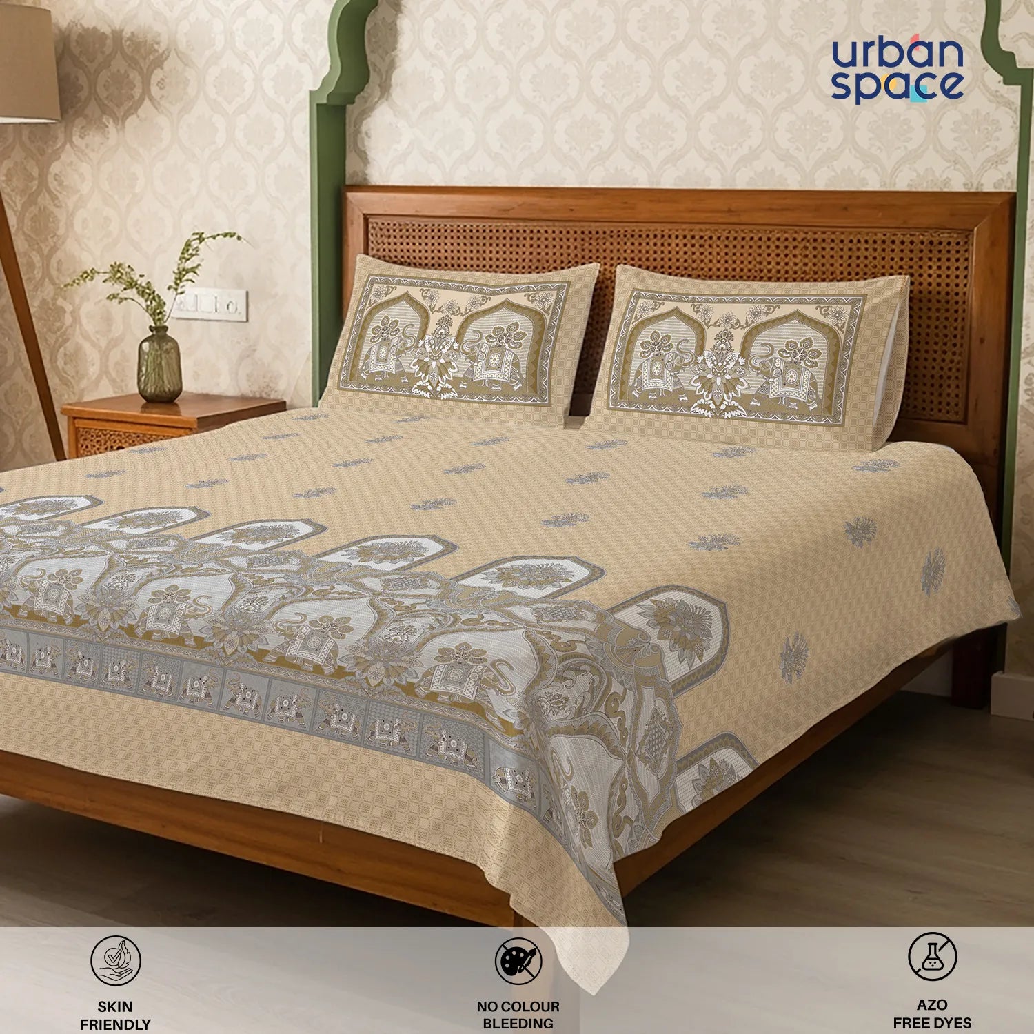 Serene 300 TC 100% Cotton Bedsheet with Pillow Covers, Panel Design - Vanraj Beige