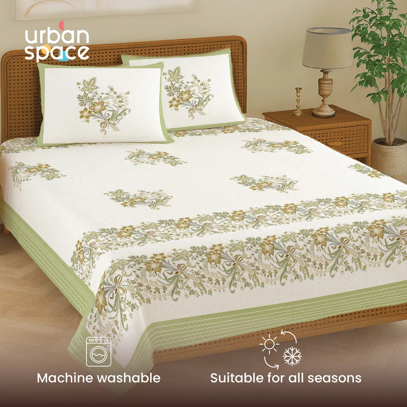 Rajasthani Ethnic 100% Cotton Bedsheet with 2 Pillow Covers, Double Bed - Taarini Green