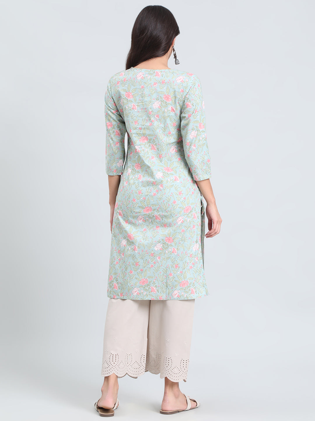 Cotton Floral Block Print Straight Kurta