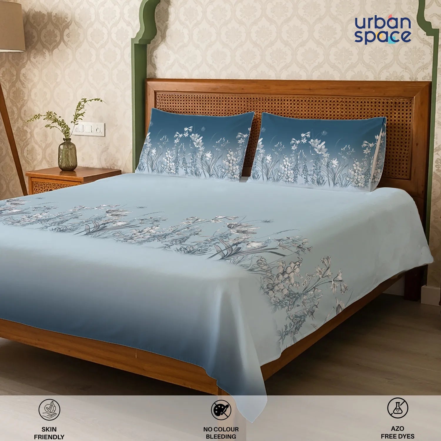 Serene 300 TC 100% Cotton Bedsheet with Pillow Covers, Panel Design - Aranya Blue