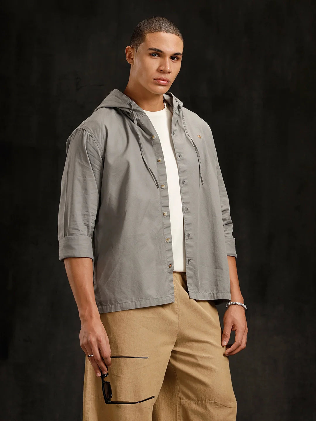 Cotton Twill Hoded Shirt | Grey