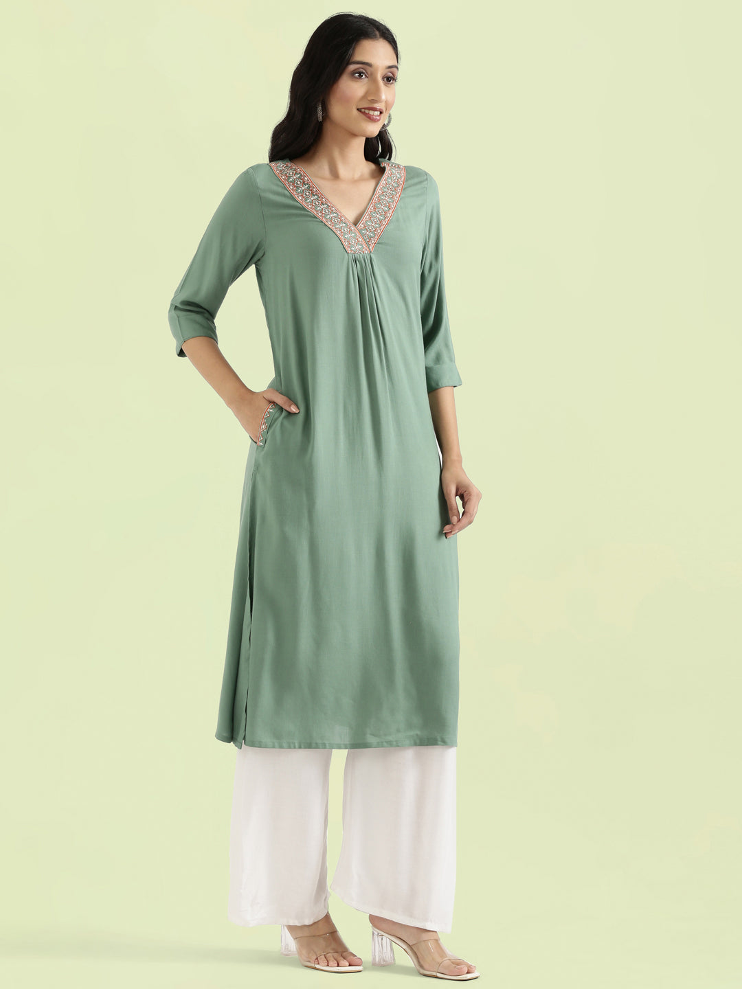 Rayon Geometric Cross-Stitch V-Neck Embroidered Straight Kurta
