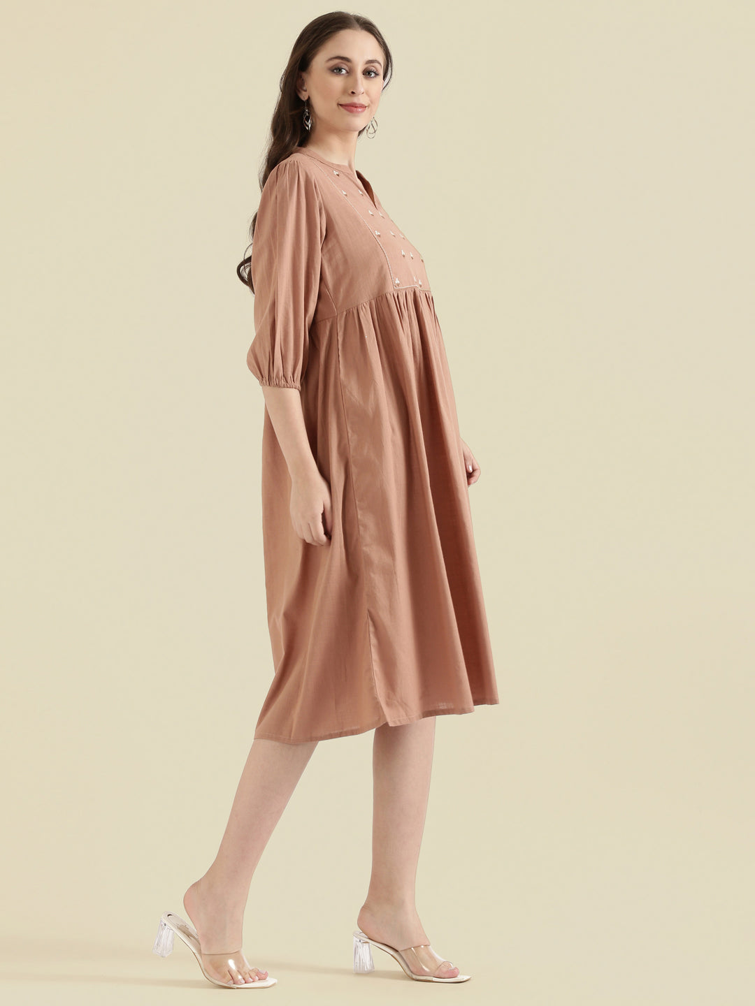 Cotton Slub Butti Embroidered Yoke Gathered Midi Dress