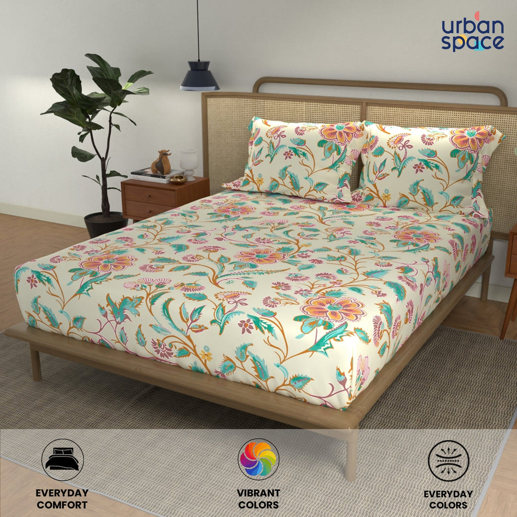 Divine Collection - Cotton Bedsheet With 2 Pillow Covers, Monsoon Buttercream