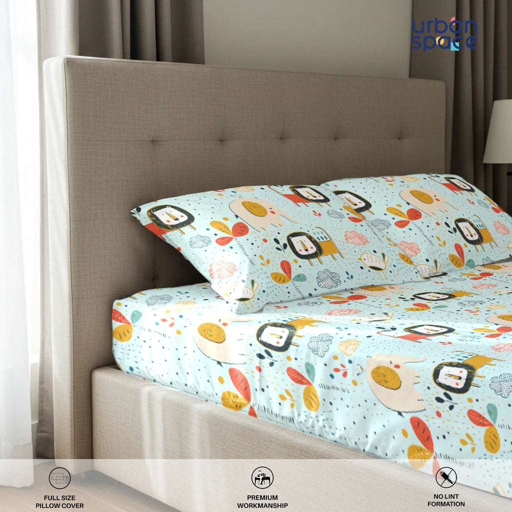 Serene 200 TC 100% Cotton Bedsheet with Pillow Covers - Lion King Sky Blue