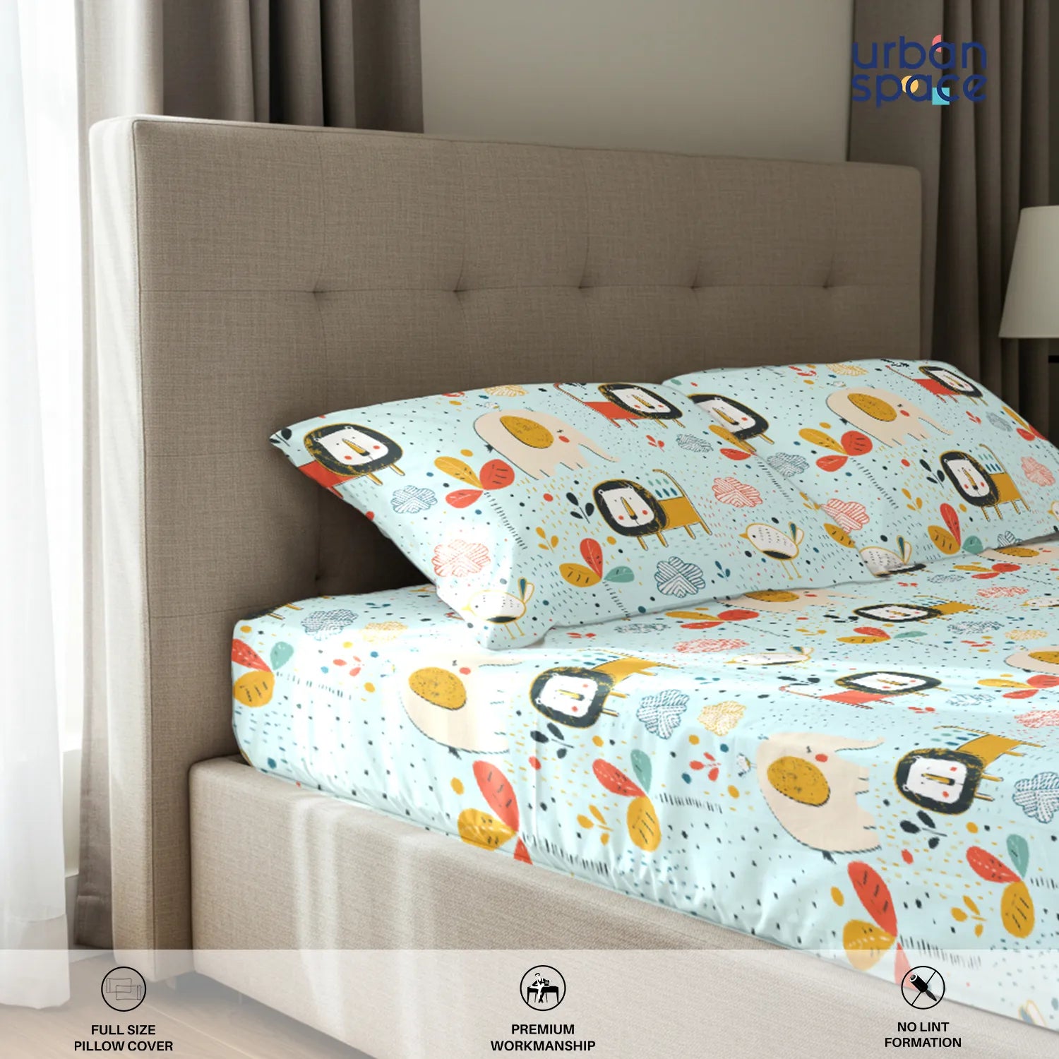Serene 200 TC 100% Cotton Bedsheet with Pillow Covers - Lion King Sky Blue