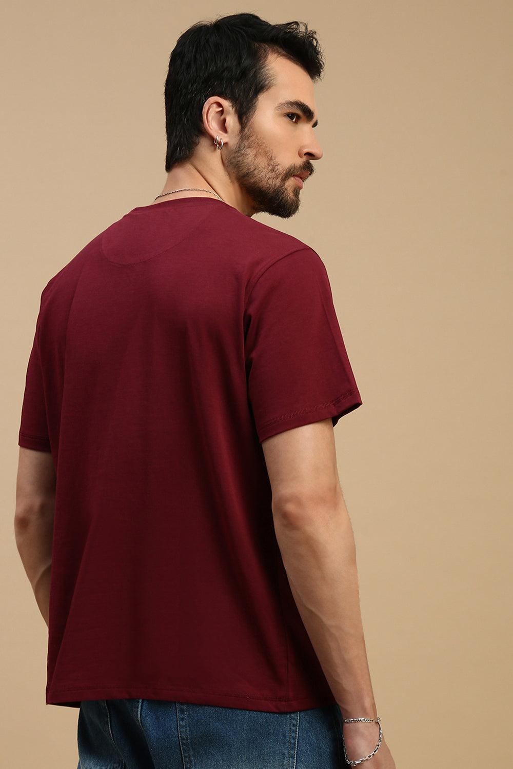 Men Burgundy Basic Crew Neck T-Shirt