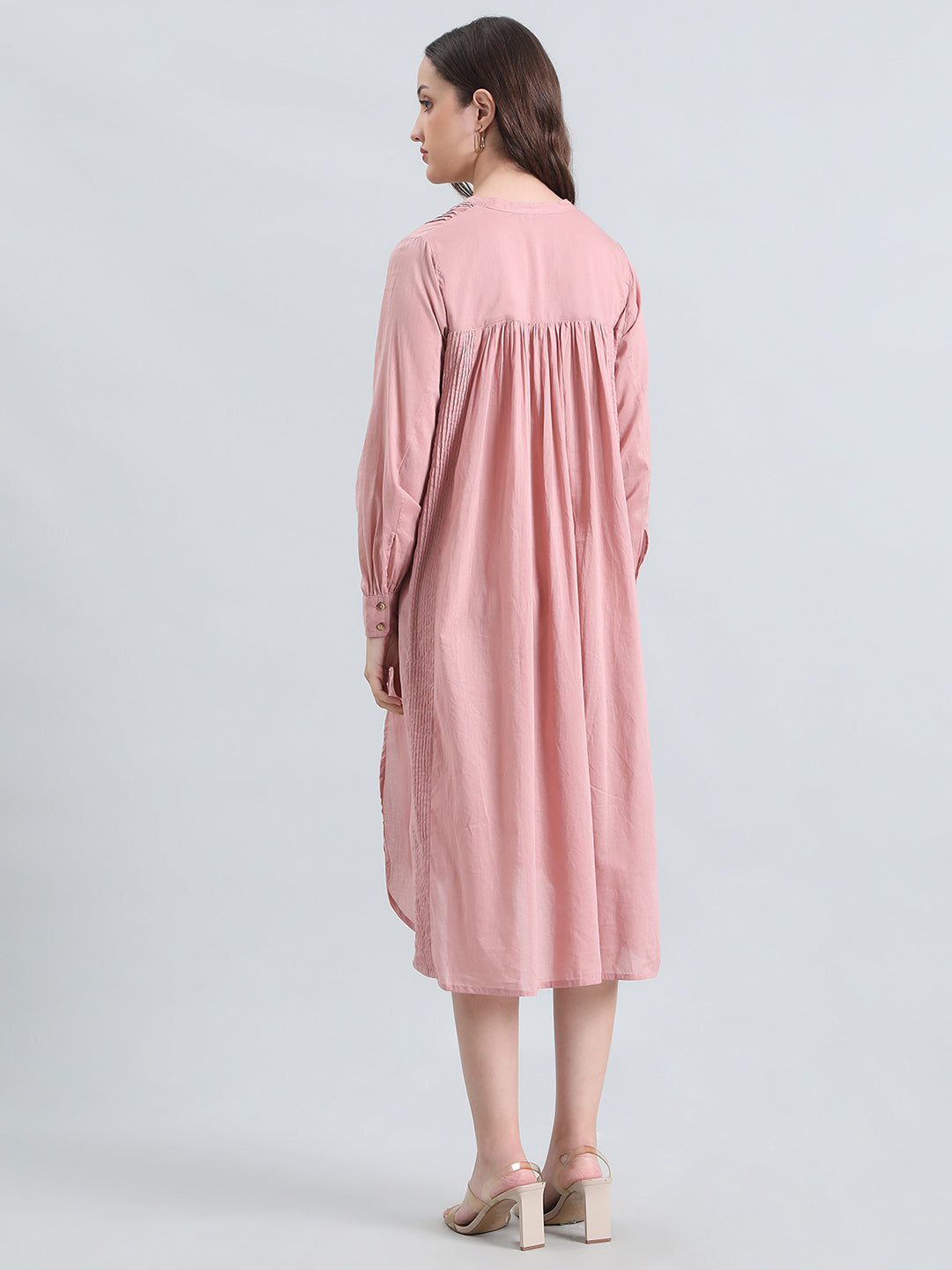 Cotton Pin-Tuck & Lace Trim Mandarin Collar Dress
