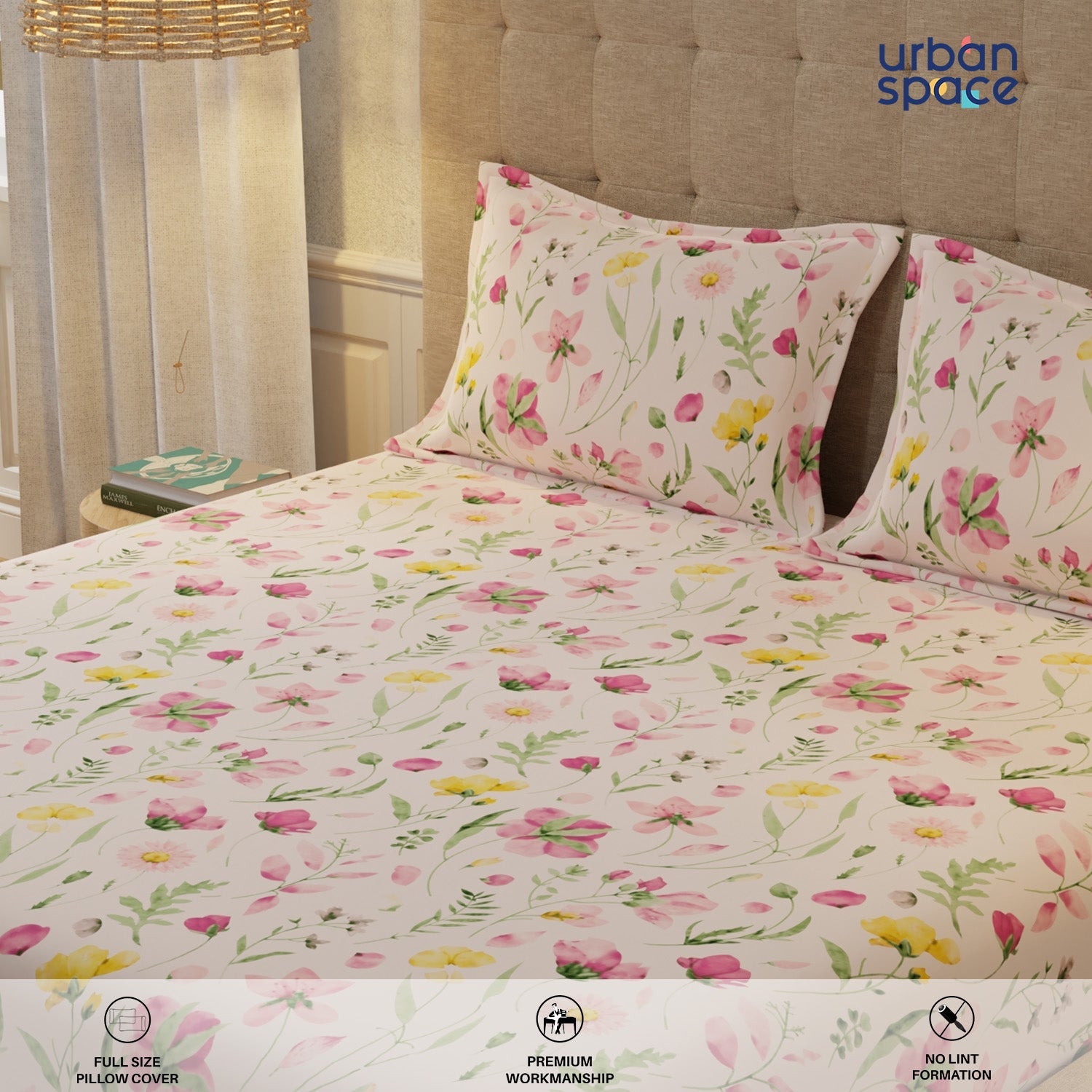 Serene 200 TC 100% Cotton Bedsheet with Pillow Covers - Meadows Rose Pink