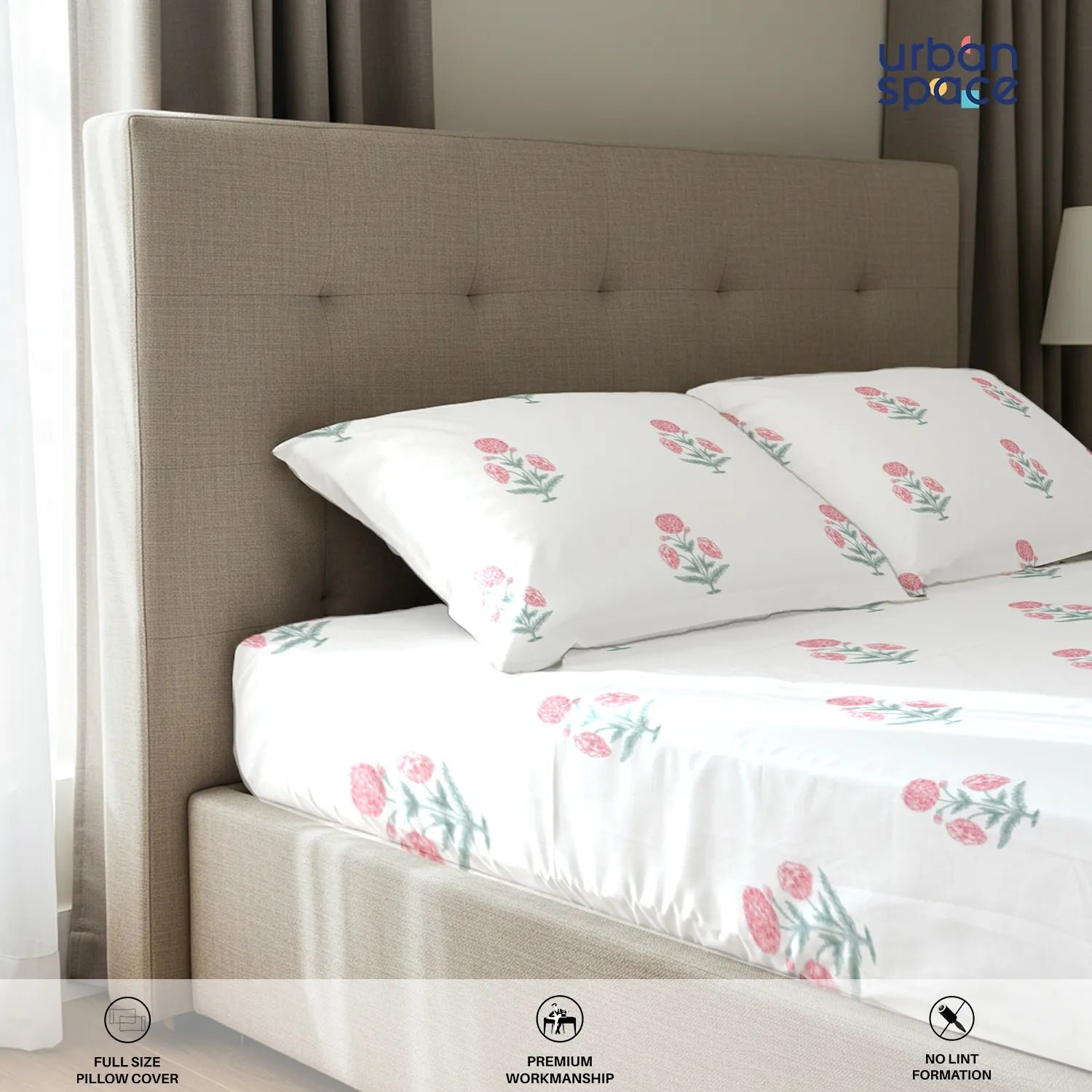 Serene 200 TC 100% Cotton Bedsheet with Pillow Covers - Sunflower - Pomegranate Pink