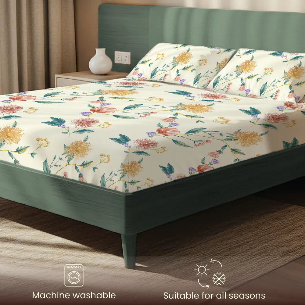 200 TC Glaced Cotton Microfiber Bedsheet with Pillow Covers - Petal Pop