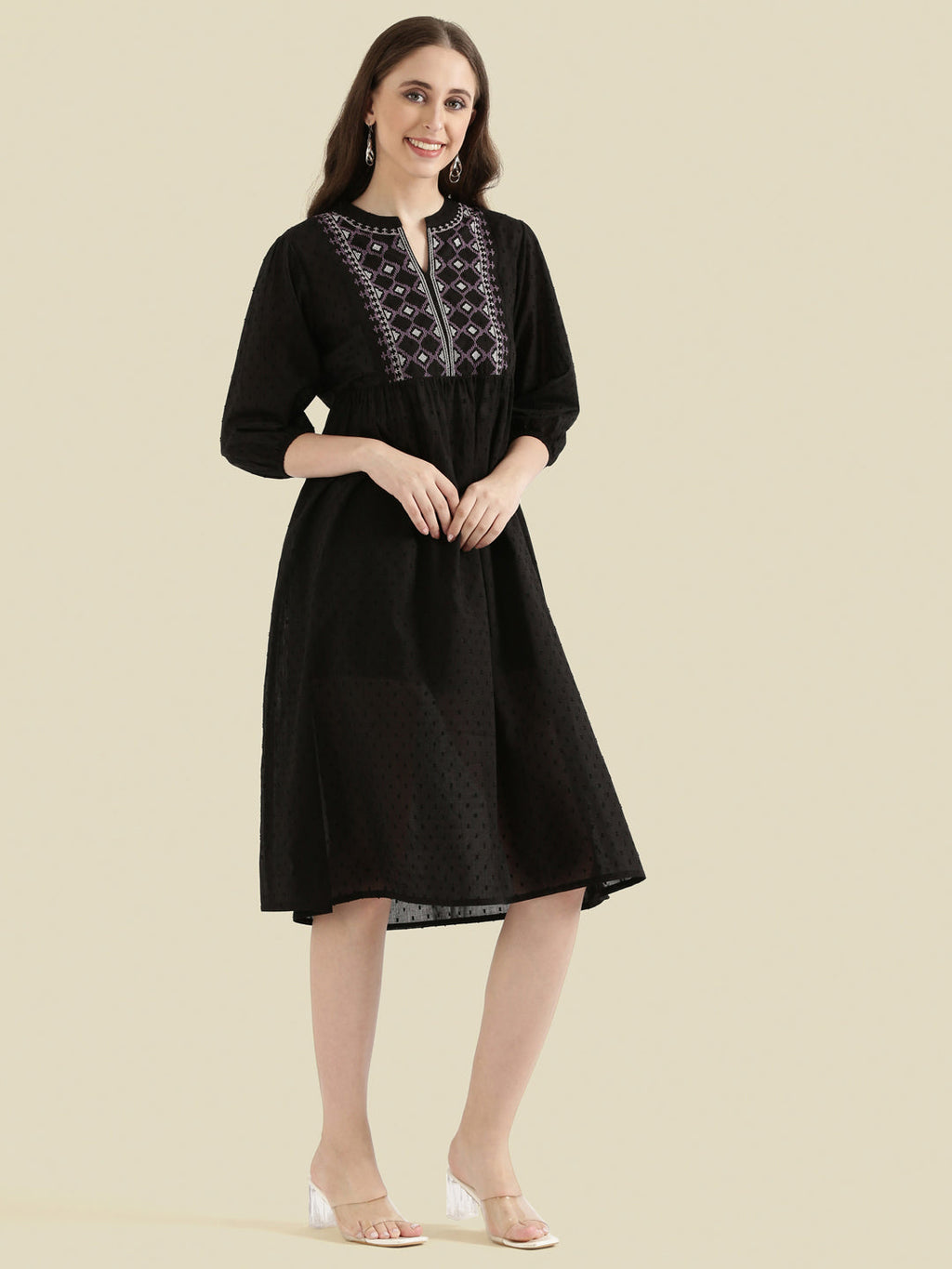 Cotton Dobby Geometric Embroidered Yoke Gathered Midi Dress