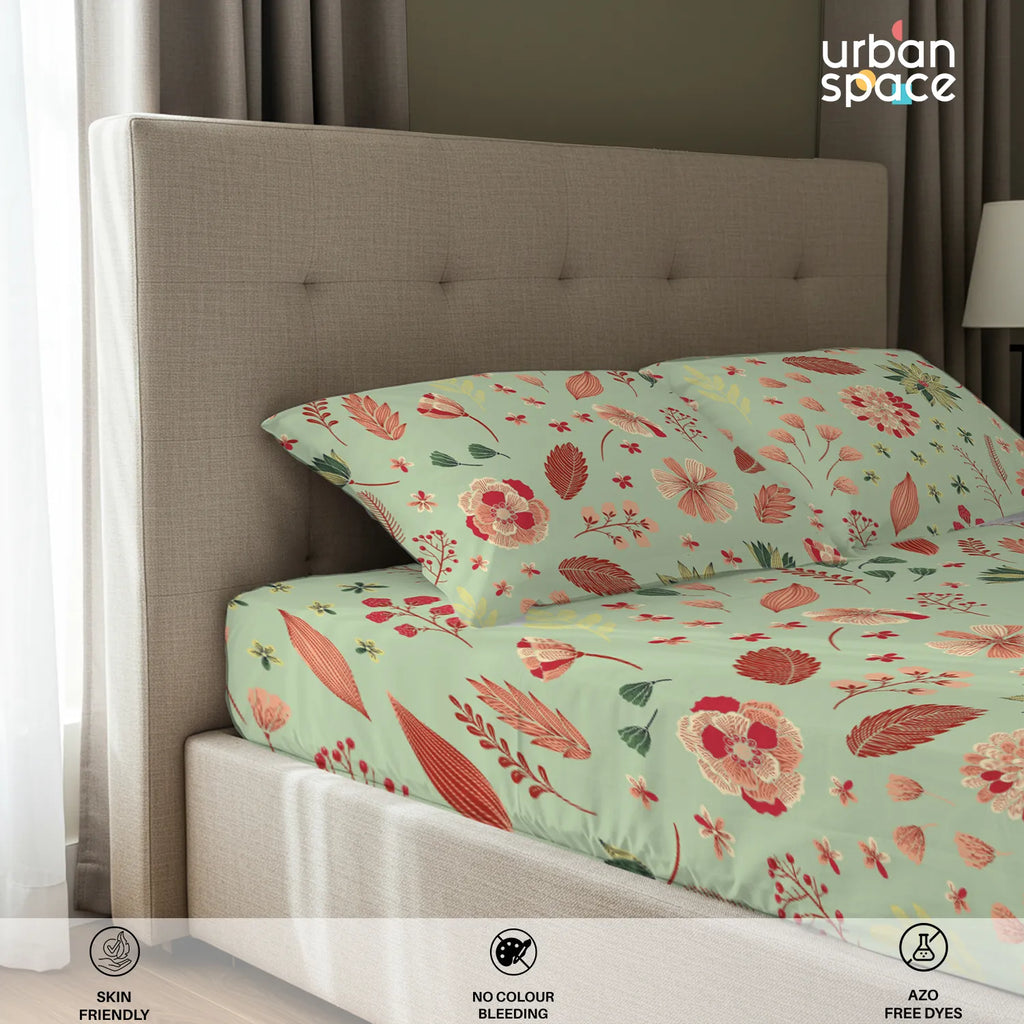 Serene 200 TC 100% Cotton Bedsheet with Pillow Covers - Florence Sage Green