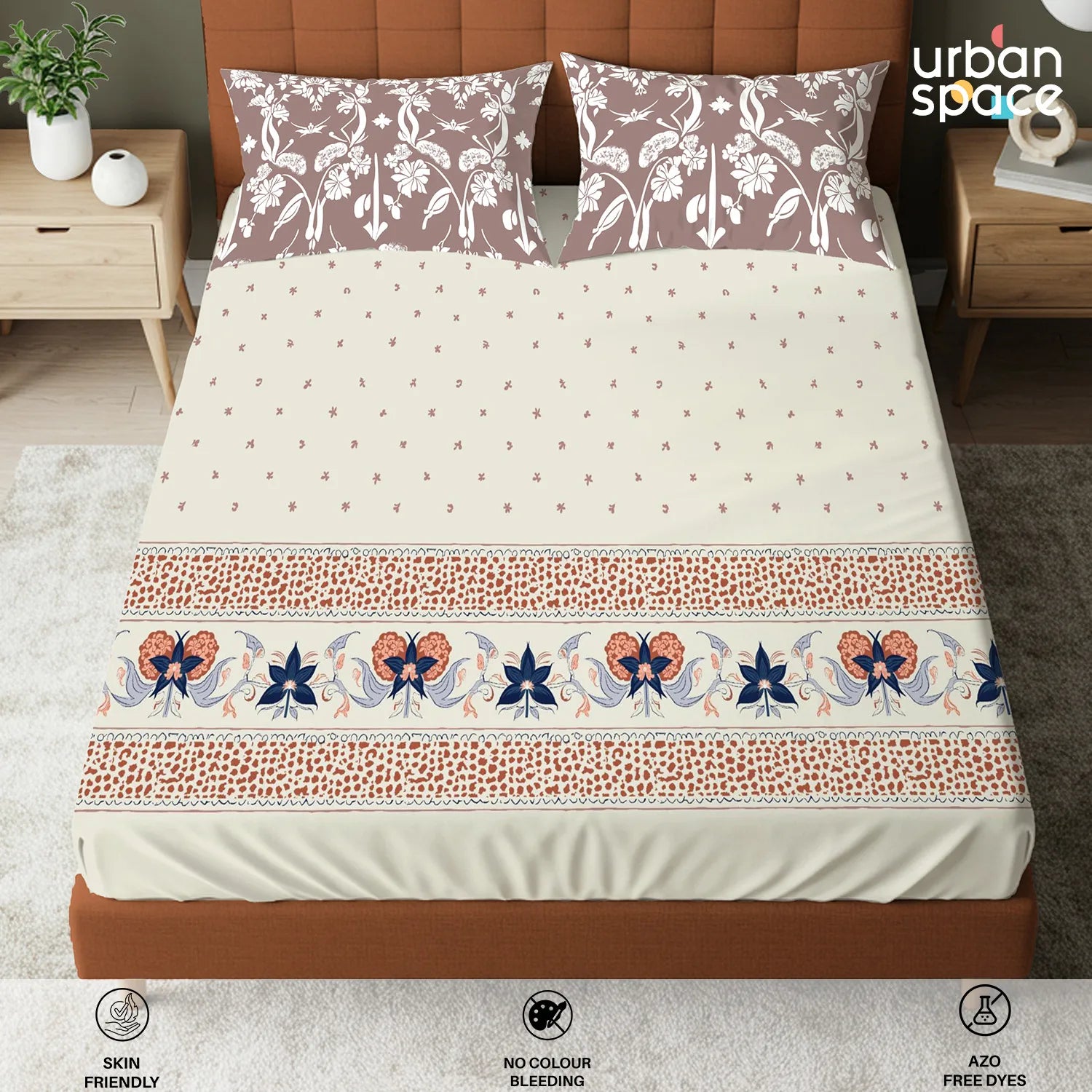 Serene 200 TC 100% Cotton Bedsheet with Pillow Covers - Ivy Bloom Terra