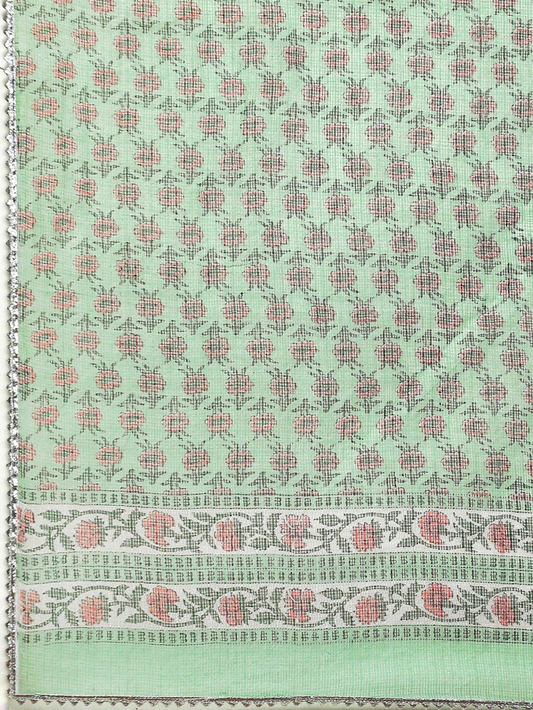 Divena Solid Green Anarkali Kurta Pant Set with Kota doria dupatta