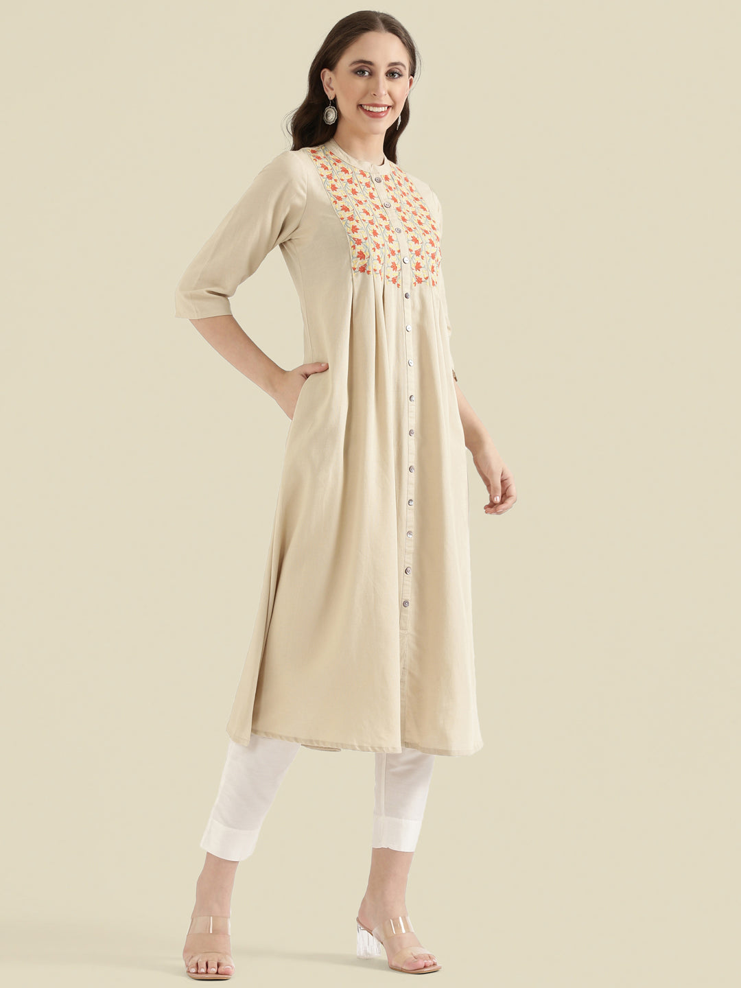 Floral Vine Embroidered Yoke A-Line Long Kurta