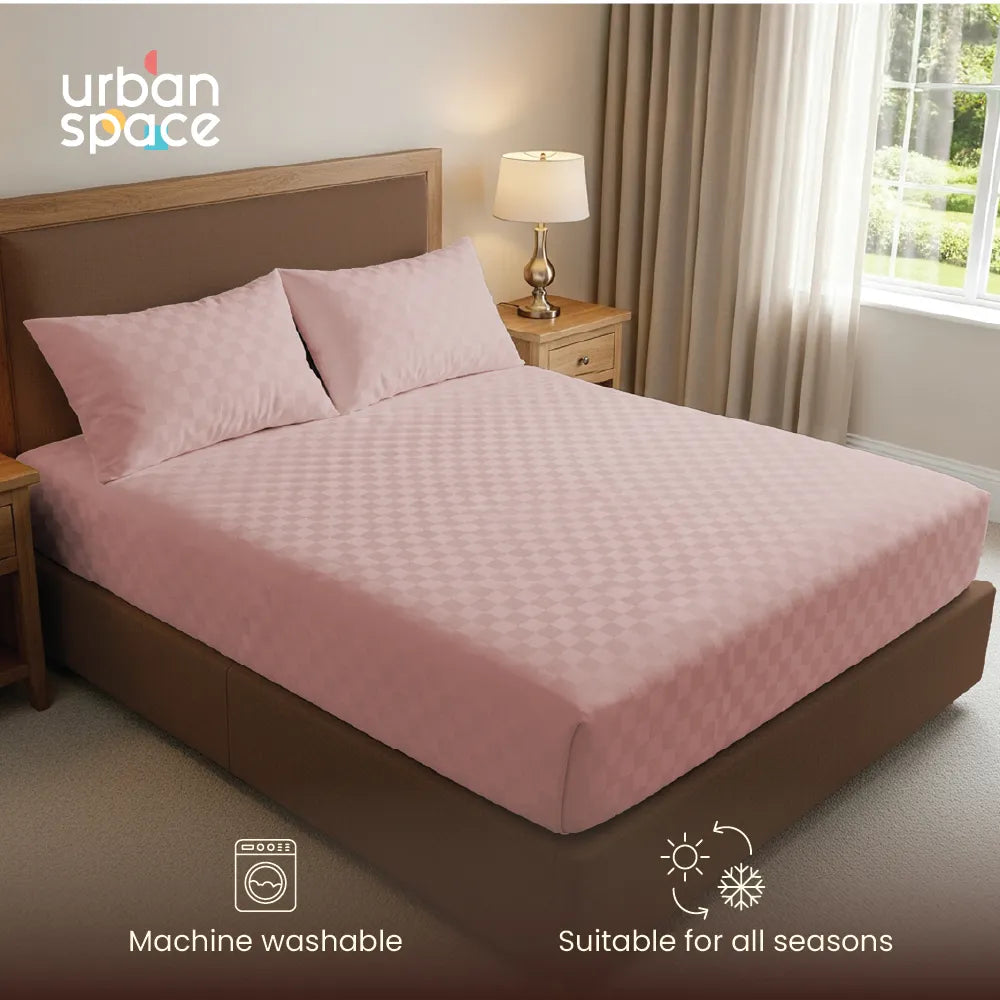 300 TC Super Soft King Bedsheet, Self Woven Cubes Design - Dusty Pink Cubes