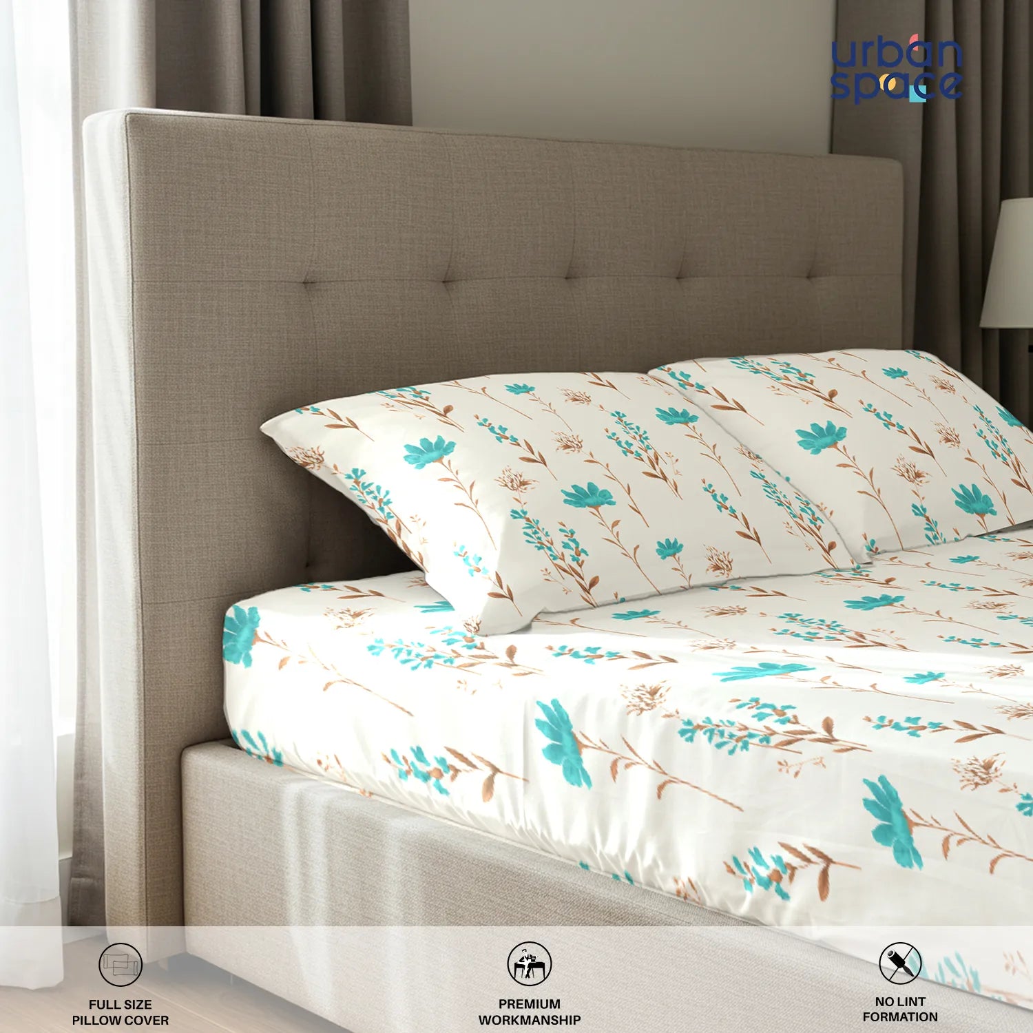 Serene 200 TC 100% Cotton Bedsheet with Pillow Covers - Orchid Blooms - Turquoise