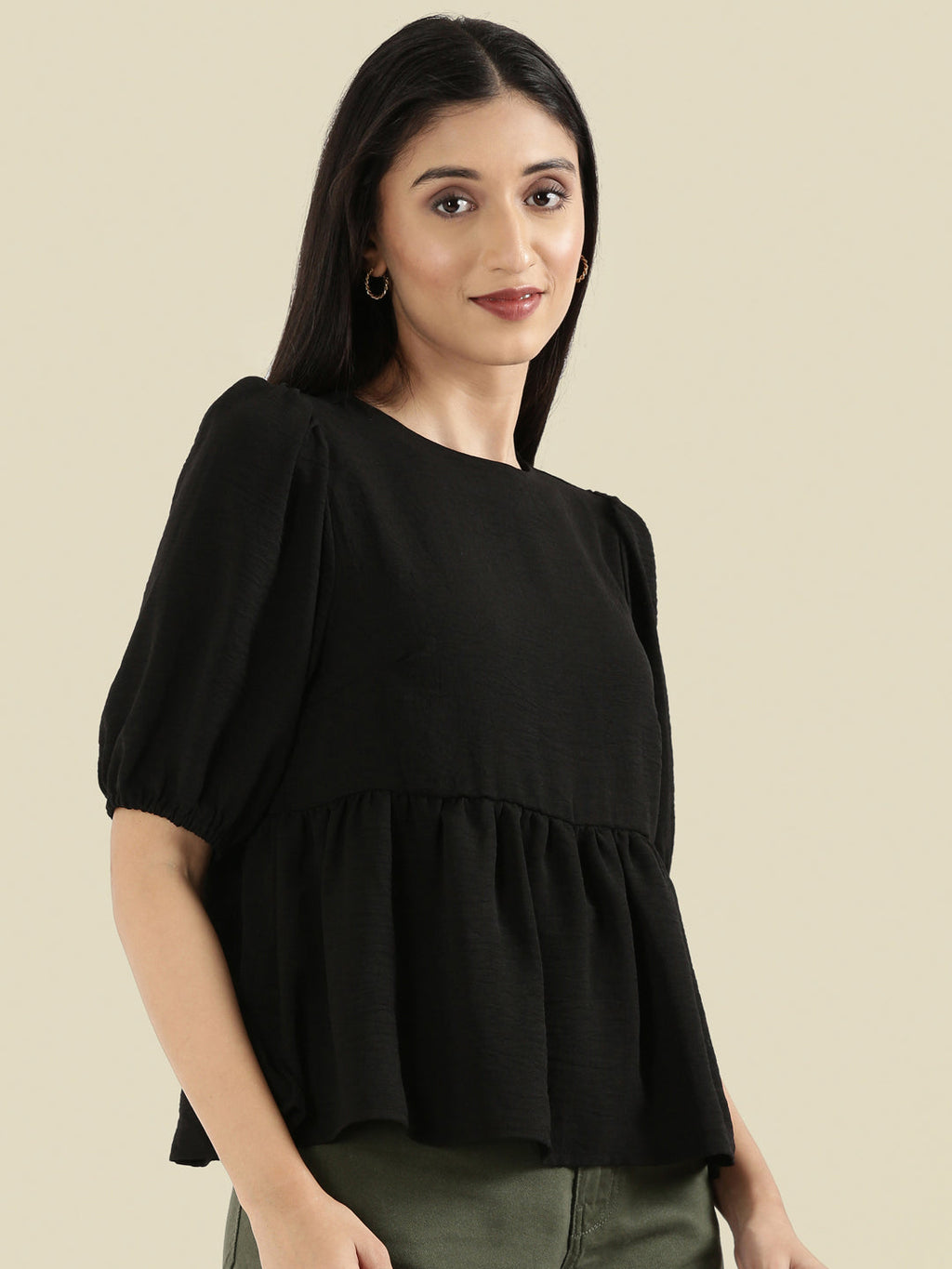 Hammered Crew Neck Peplum Top