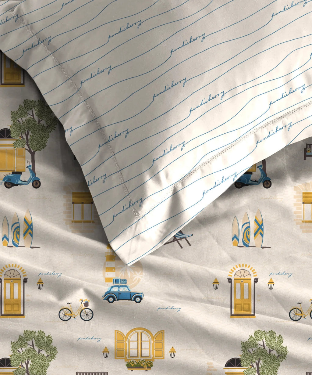 Atulaya Bharat King Bedsheet Set, Sun Sand & Serenity|144 TC Cotton|2 Pillow Covers