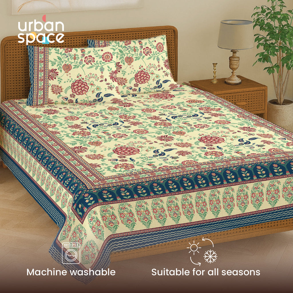 Rajasthani Ethnic 100% Cotton Bedsheet with 2 Pillow Covers, Double & King Bed - Gulbagh Navy