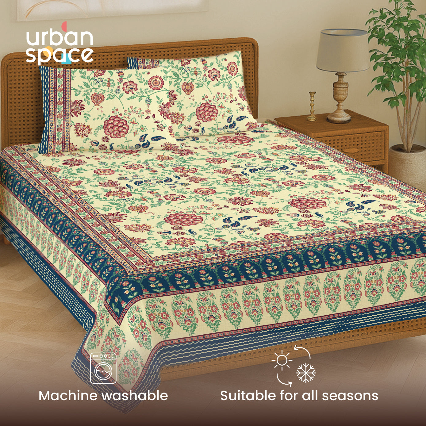 Rajasthani Ethnic 100% Cotton Bedsheet with 2 Pillow Covers, Double & King Bed - Gulbagh Navy